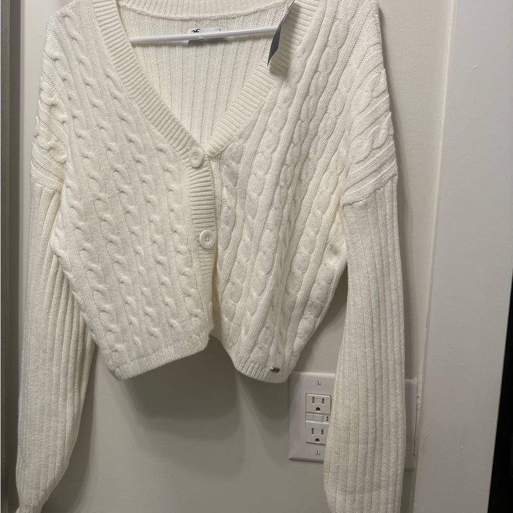 Hollister Sweater Womens Size Large White Knitted Long Sleeve Button Front
